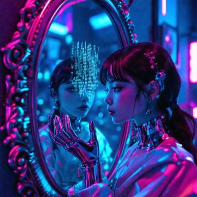 The primary subject of the image is a woman who is looking at her reflection in a mirror. The setting is a room with a pink background, and the visual style appears to be a combination of a photo and digital art. The woman is wearing a silver outfit, and the dominant colors in the image are pink and silver. The overall atmosphere of the image is one of beauty and self-reflection.